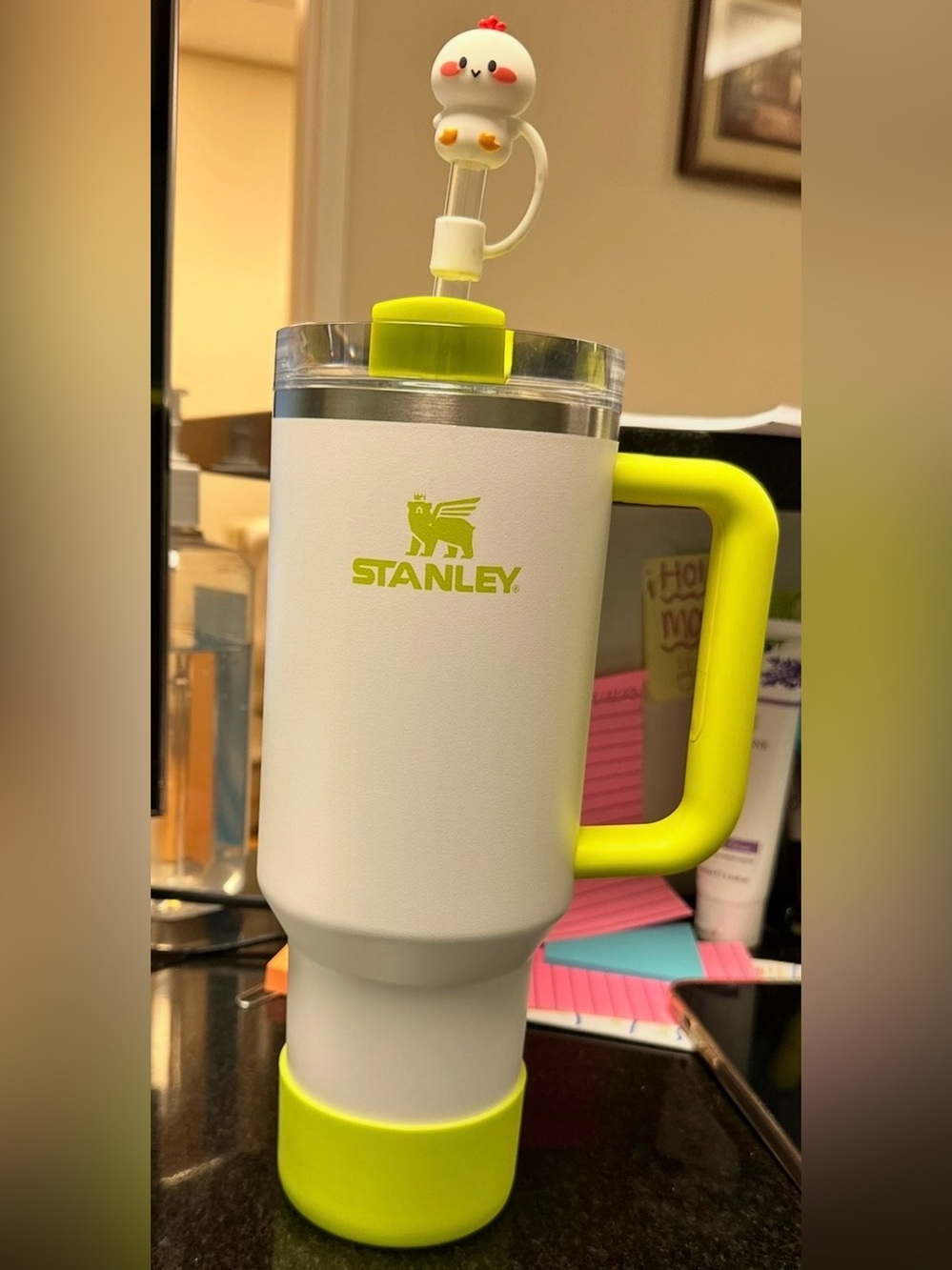 Stanley 40 oz White Tumbler with Neon Yellow Accents